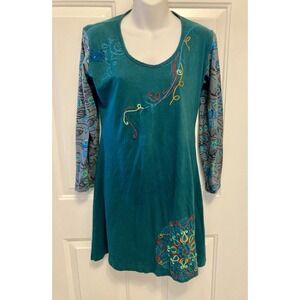 Siamese Dream Organic Cotton Teal Embroidered Sheath‎ Dress Size Small/Large?